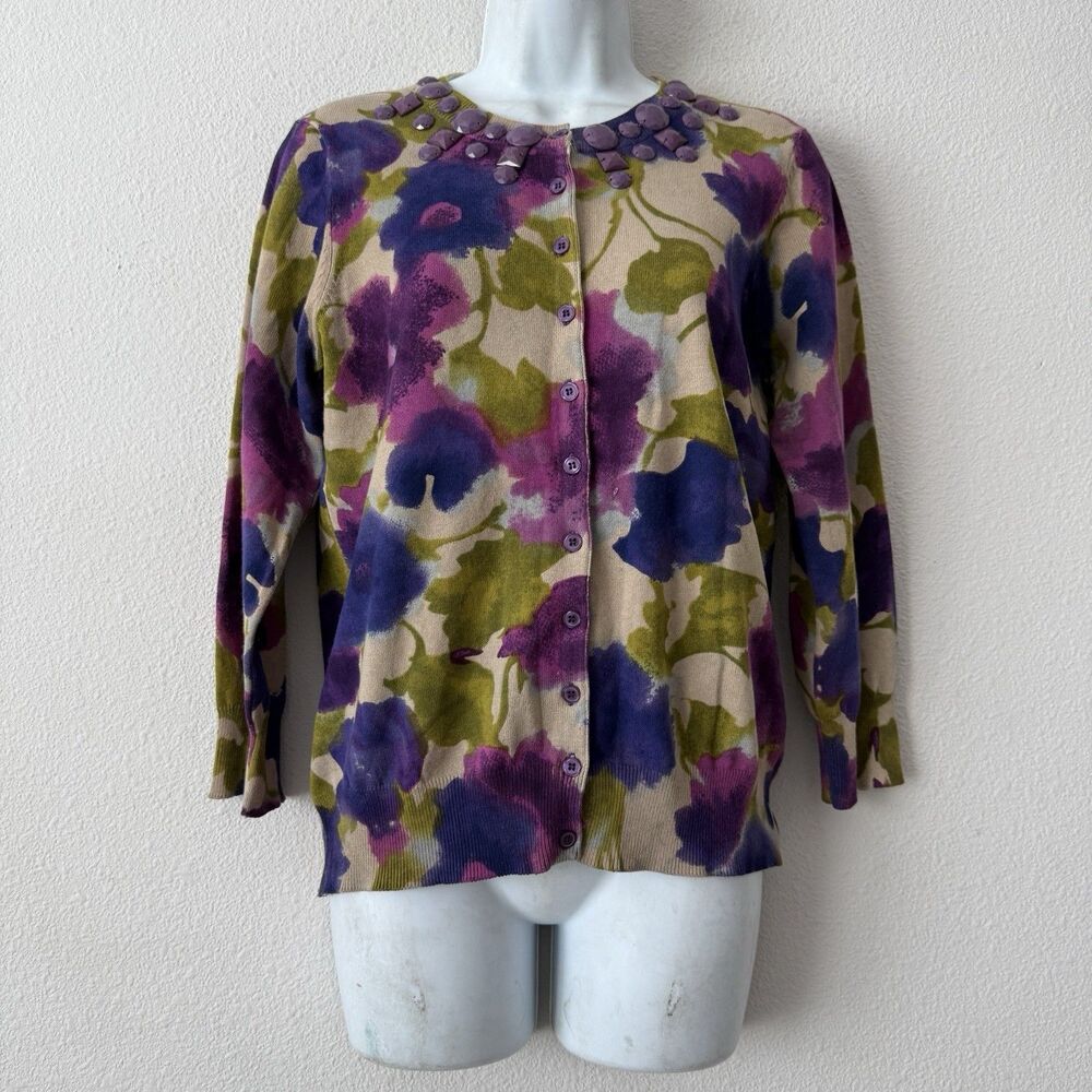 WD NY Floral Cardigan Sweater Beaded M Cotton Blend Purple Watercolor Whimsigoth